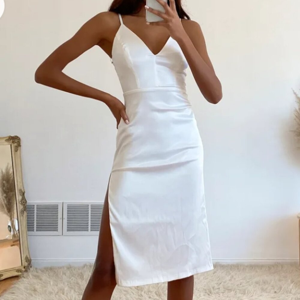 Lulu's White Embroidered Lace Satin Midi Slip Dress